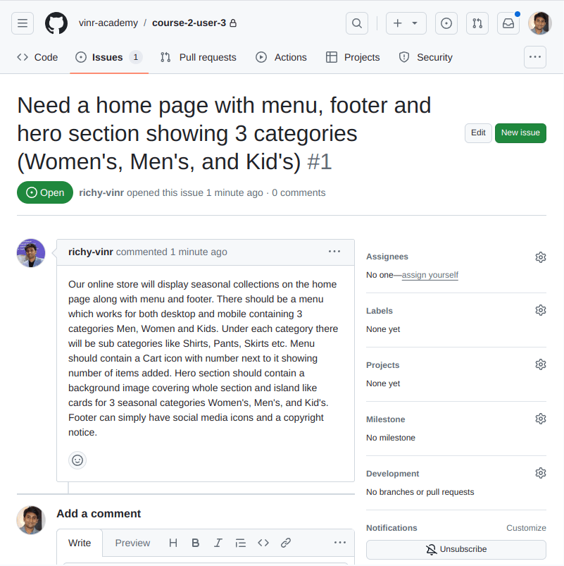 GitHub issue for your first task