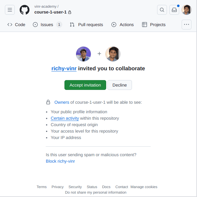 GitHub repository page with invitation